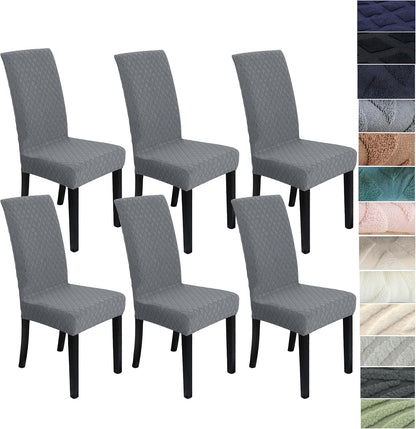 Set of stretchable and washable dining chair covers made from durable polyester fabric, designed to protect and enhance the look of dining room chairs, easy to install 12