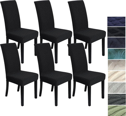 Set of stretchable and washable dining chair covers made from durable polyester fabric, designed to protect and enhance the look of dining room chairs, easy to install 14