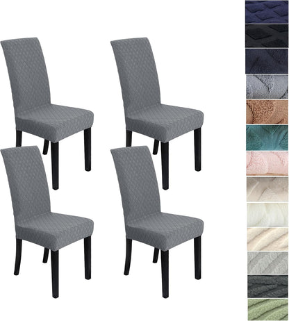 Set of stretchable and washable dining chair covers made from durable polyester fabric, designed to protect and enhance the look of dining room chairs, easy to install 8