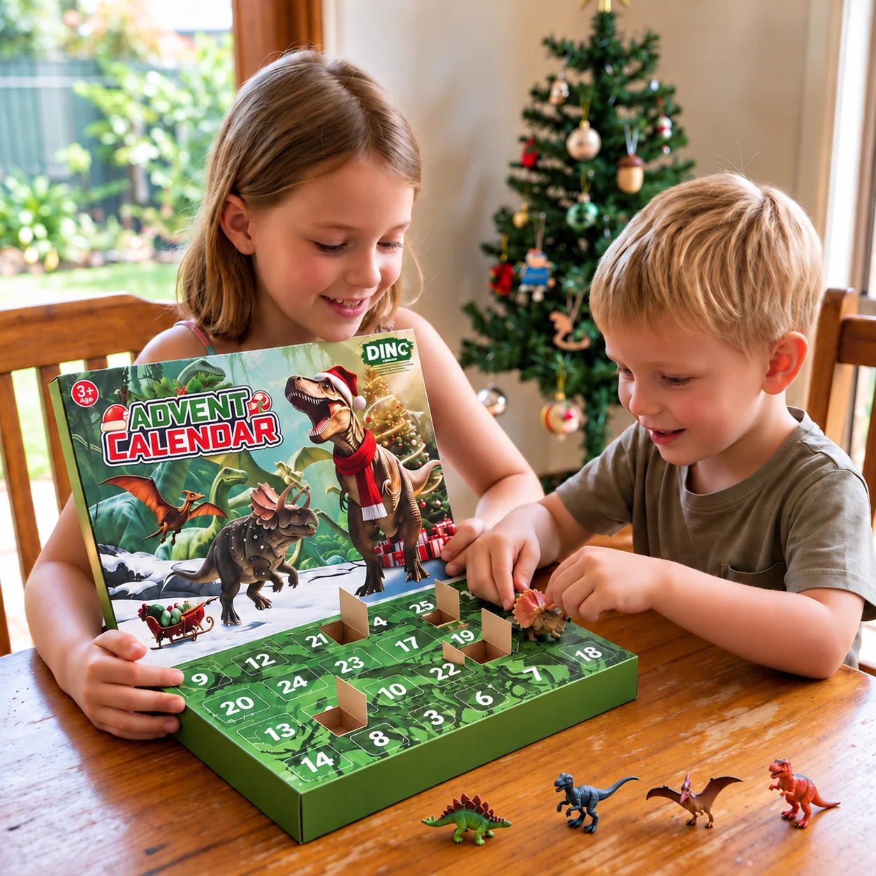 Dinosaur Advent Calendar for Kids featuring a 24-day countdown, designed for an engaging holiday experience with colorful dinosaur illustrations and fun surprises behind each door. 0