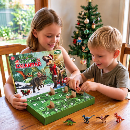 Dinosaur Advent Calendar for Kids featuring a 24-day countdown, designed for an engaging holiday experience with colorful dinosaur illustrations and fun surprises behind each door. 0