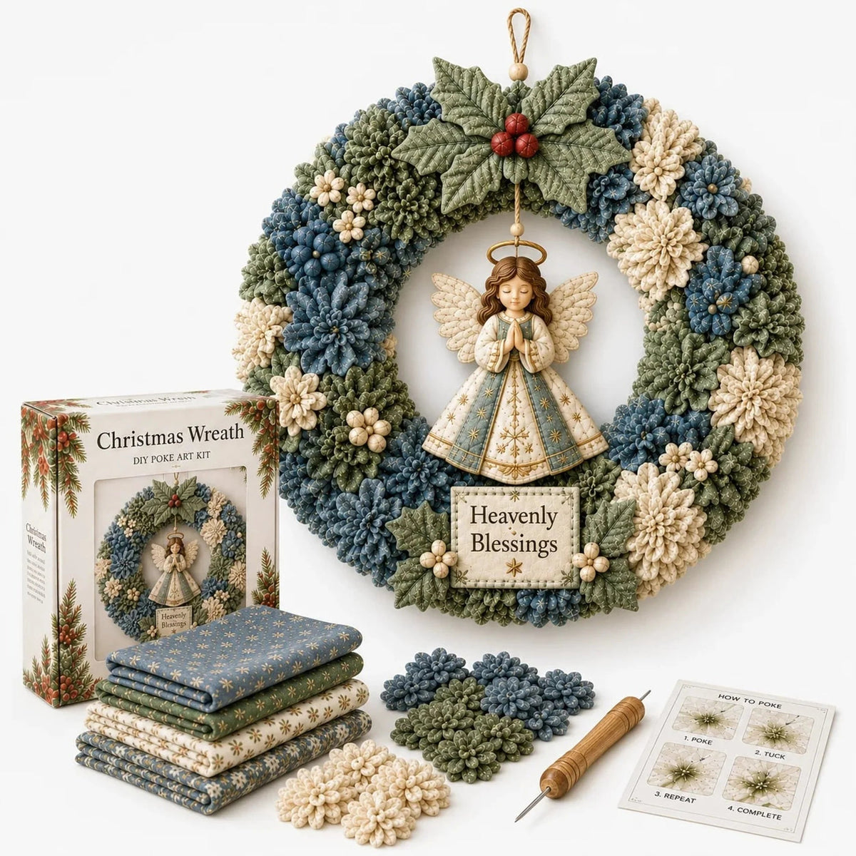 DIY Christmas Wreath Kit featuring vibrant 3D fabric flowers, designed for easy no-sew crafting with a wooden pressing tool for perfect results. 1