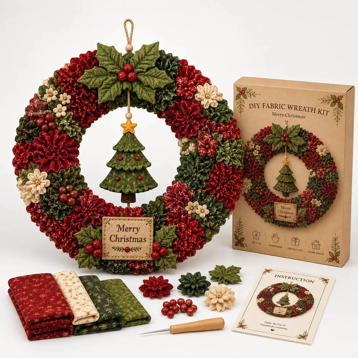 DIY Christmas Wreath Kit featuring vibrant 3D fabric flowers, designed for easy no-sew crafting with a wooden pressing tool for perfect results. 4