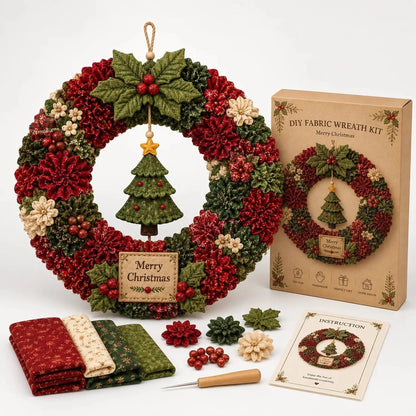 DIY Christmas Wreath Kit featuring vibrant 3D fabric flowers, designed for easy no-sew crafting with a wooden pressing tool for perfect results. 4