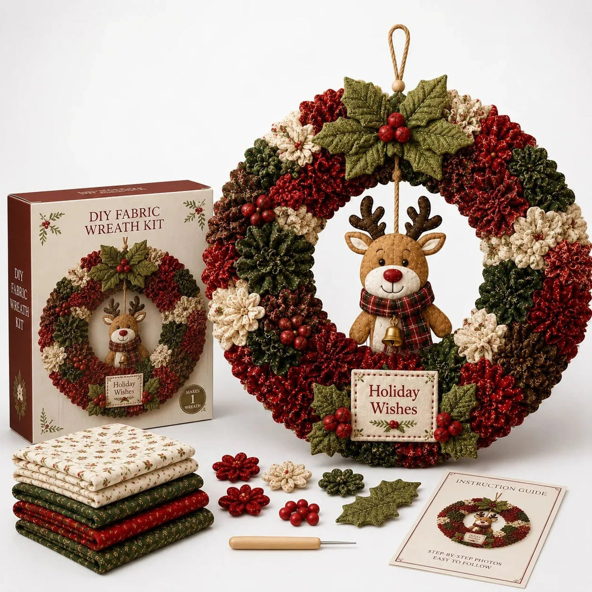 DIY Christmas Wreath Kit featuring vibrant 3D fabric flowers, designed for easy no-sew crafting with a wooden pressing tool for perfect results. 3