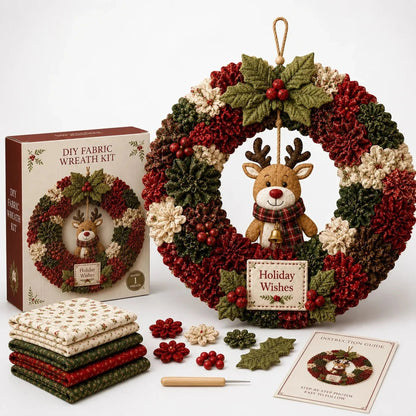 DIY Christmas Wreath Kit featuring vibrant 3D fabric flowers, designed for easy no-sew crafting with a wooden pressing tool for perfect results. 3