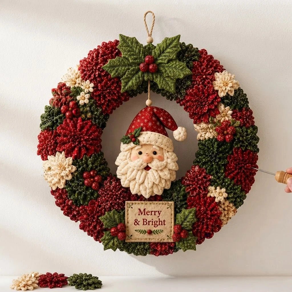 DIY Christmas Wreath Kit featuring vibrant 3D fabric flowers, designed for easy no-sew crafting with a wooden pressing tool for perfect results. 0