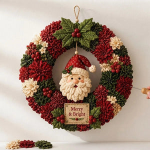 DIY Christmas Wreath Kit featuring vibrant 3D fabric flowers, designed for easy no-sew crafting with a wooden pressing tool for perfect results. 0