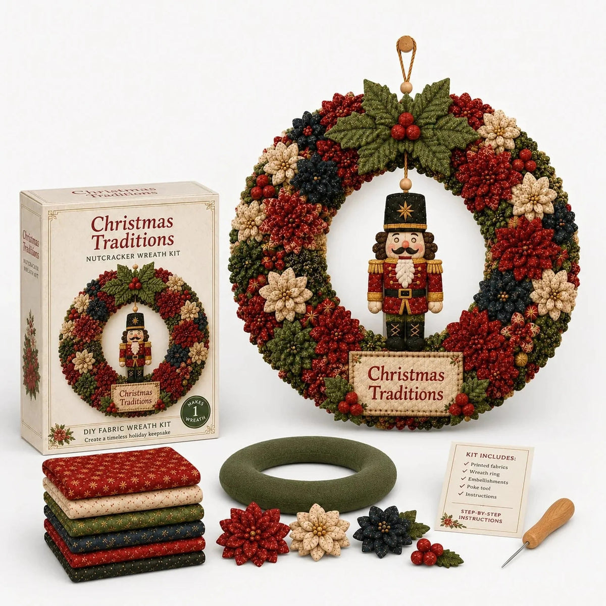 DIY Christmas Wreath Kit featuring vibrant 3D fabric flowers, designed for easy no-sew crafting with a wooden pressing tool for perfect results. 5