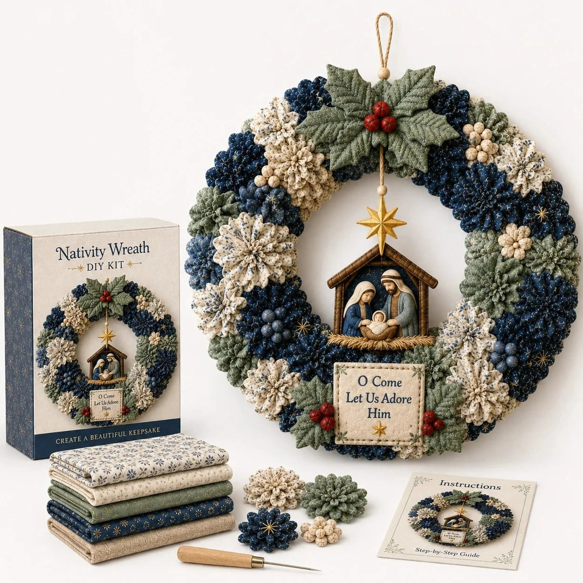 DIY Christmas Wreath Kit featuring vibrant 3D fabric flowers, designed for easy no-sew crafting with a wooden pressing tool for perfect results. 7