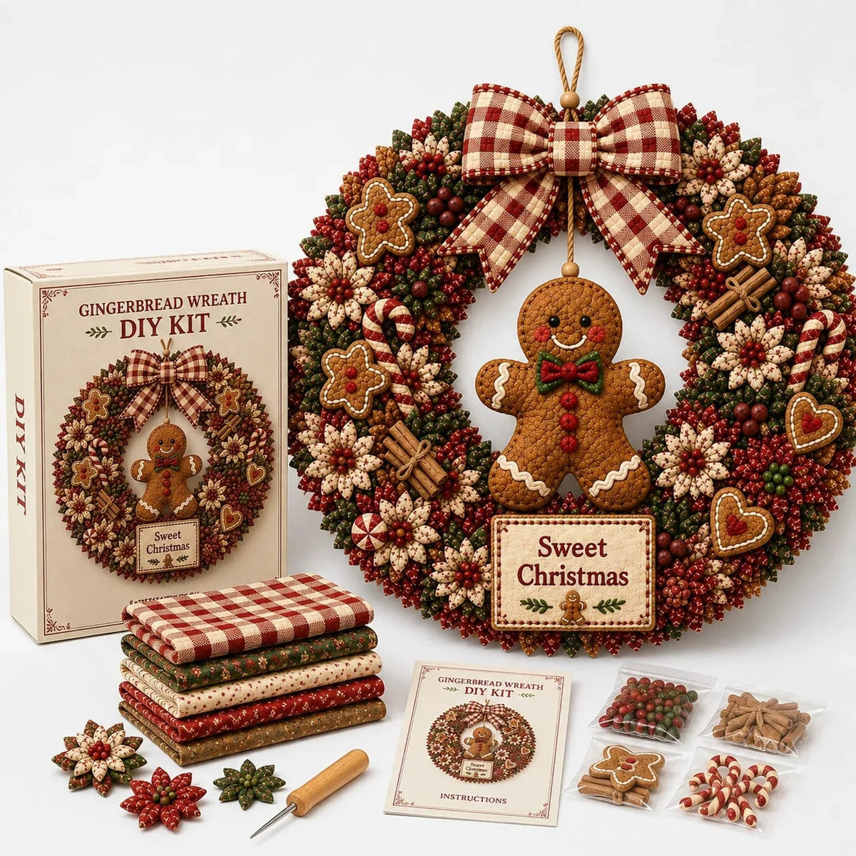 DIY Christmas Wreath Kit featuring vibrant 3D fabric flowers, designed for easy no-sew crafting with a wooden pressing tool for perfect results. 6