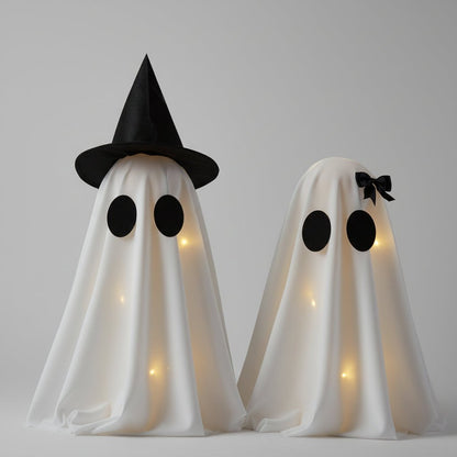 DIY Light-Up Ghost Decorations Set of 2 for Indoor Halloween Decor featuring spooky white accents, perfect for adding a festive touch to your Halloween celebrations. 0