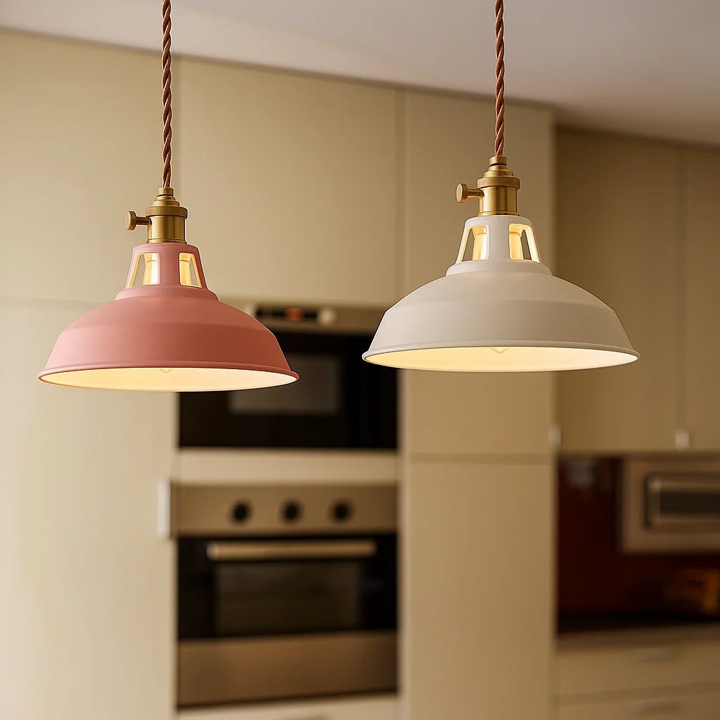 Dome pendant light with integrated LED in compact iron design, perfect for kitchen island lighting, available in multiple colors. 3