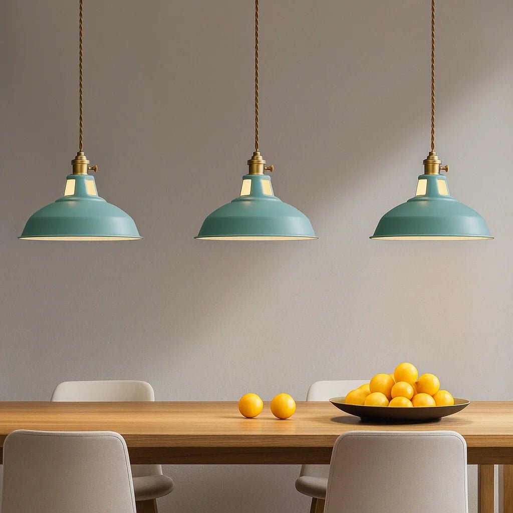 Dome pendant light with integrated LED in compact iron design, perfect for kitchen island lighting, available in multiple colors. 6
