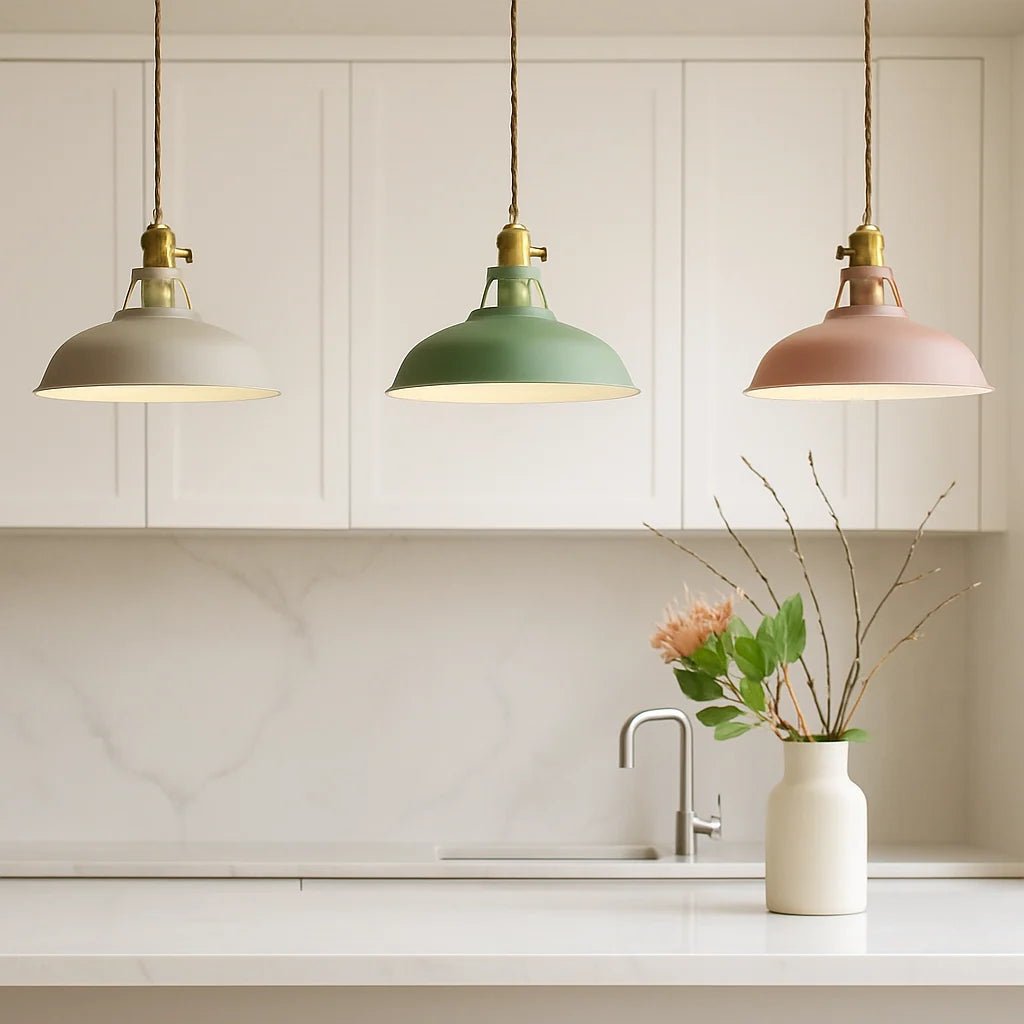 Dome pendant light with integrated LED in compact iron design, perfect for kitchen island lighting, available in multiple colors. 7