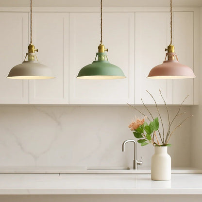 Dome pendant light with integrated LED in compact iron design, perfect for kitchen island lighting, available in multiple colors. 7