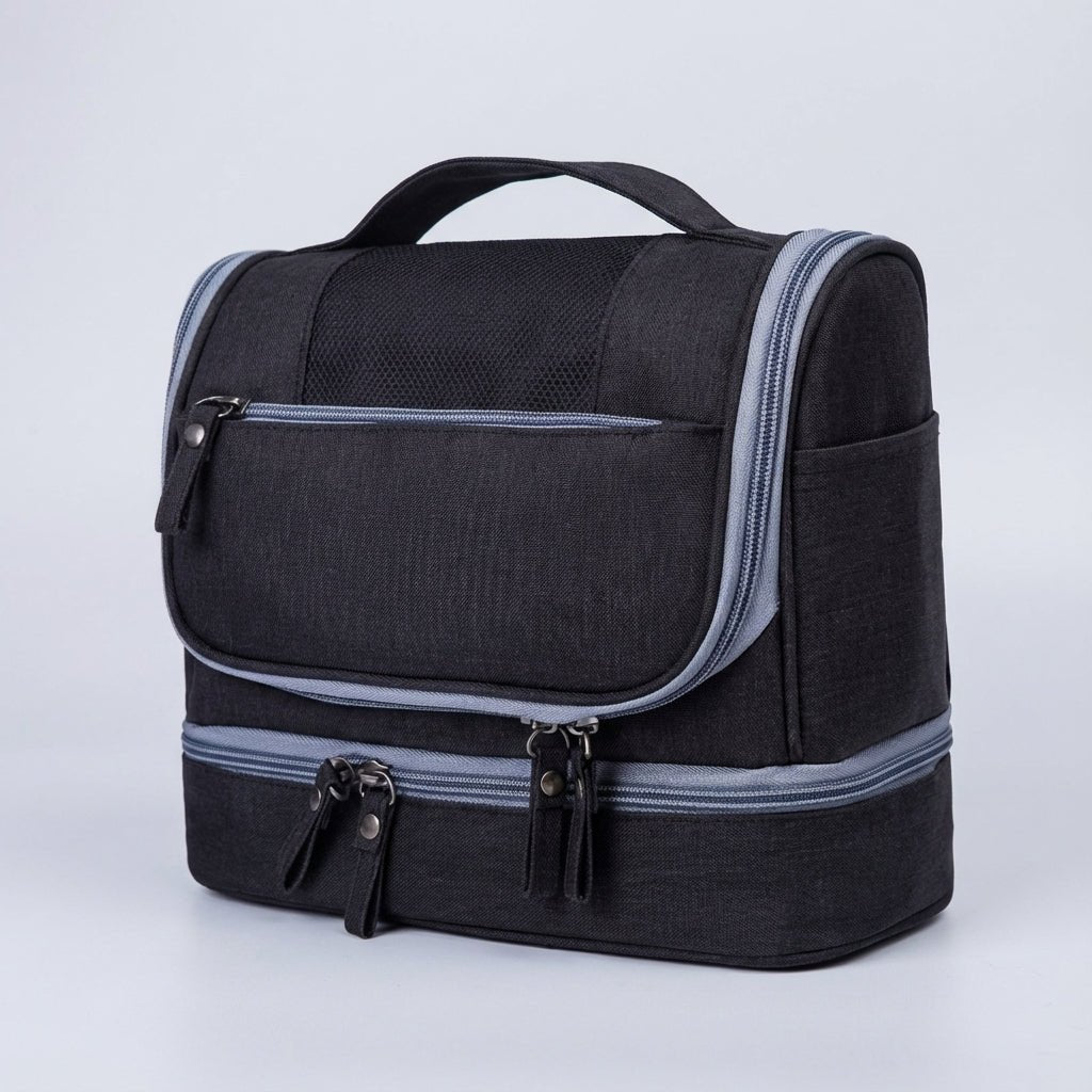 Double compartment hanging toiletry bag for travel, featuring a water-resistant design and multiple pockets, available in gray, red, blue, black, and purple 7