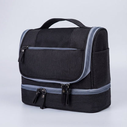Double compartment hanging toiletry bag for travel, featuring a water-resistant design and multiple pockets, available in gray, red, blue, black, and purple 7