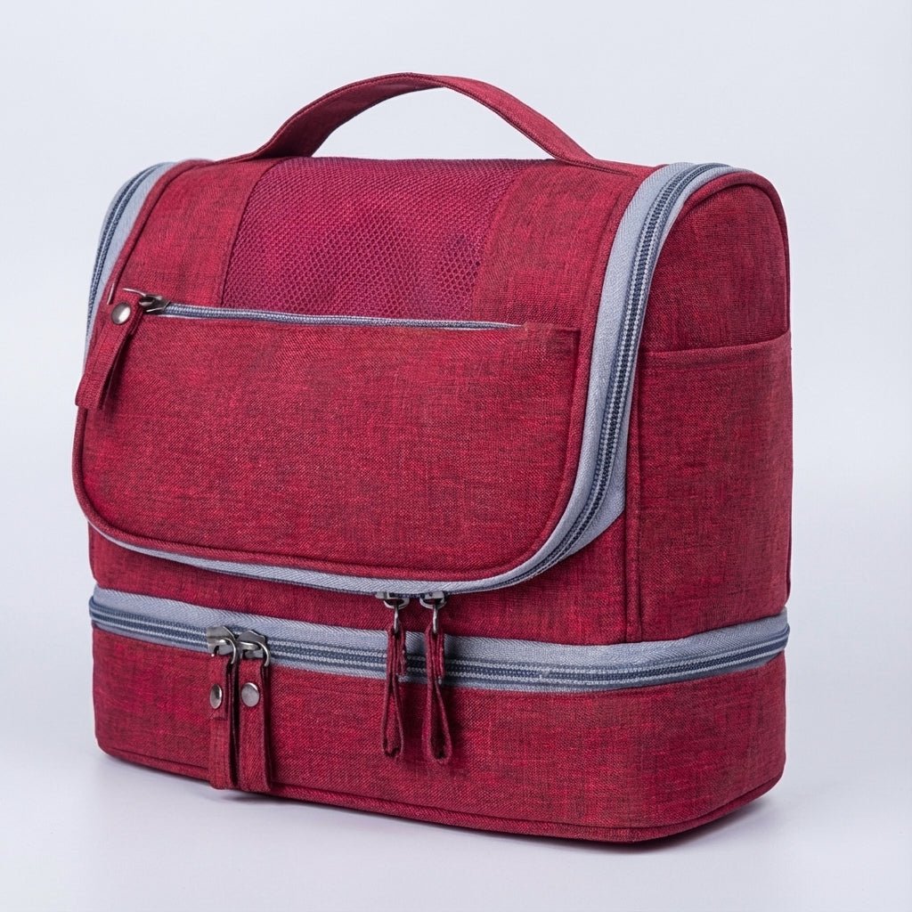 Double compartment hanging toiletry bag for travel, featuring a water-resistant design and multiple pockets, available in gray, red, blue, black, and purple 0