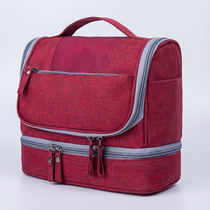 Double compartment hanging toiletry bag for travel, featuring a water-resistant design and multiple pockets, available in gray, red, blue, black, and purple 0