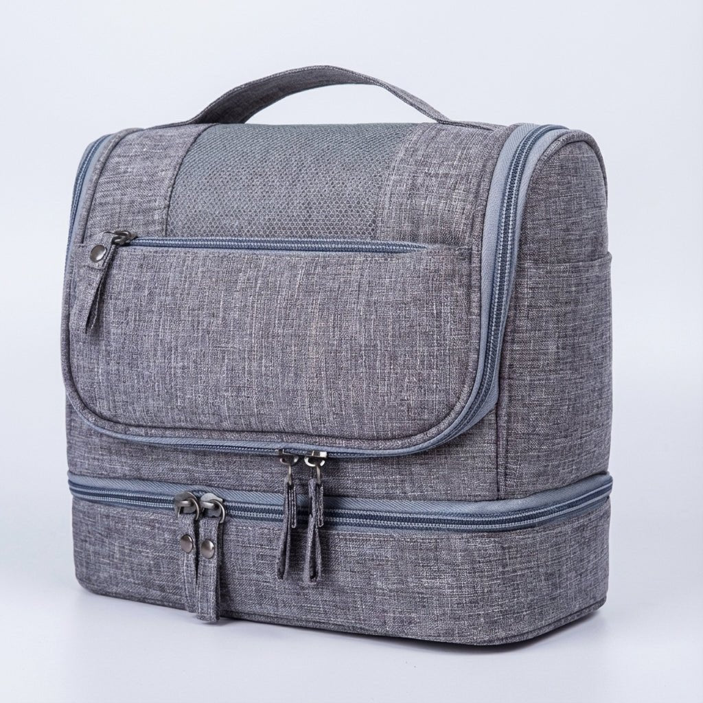 Double compartment hanging toiletry bag for travel, featuring a water-resistant design and multiple pockets, available in gray, red, blue, black, and purple 4