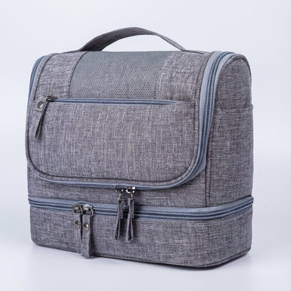 Double compartment hanging toiletry bag for travel, featuring a water-resistant design and multiple pockets, available in gray, red, blue, black, and purple 4