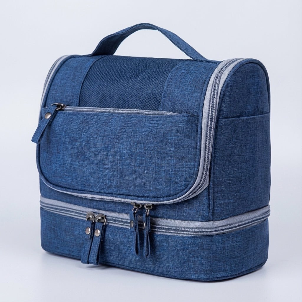 Double compartment hanging toiletry bag for travel, featuring a water-resistant design and multiple pockets, available in gray, red, blue, black, and purple 6