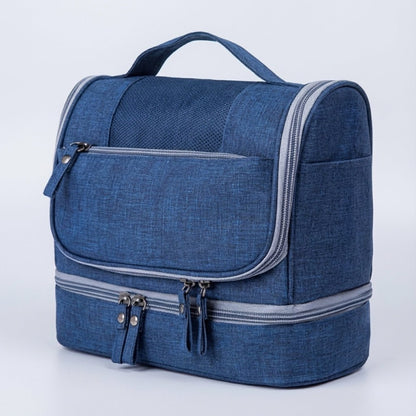 Double compartment hanging toiletry bag for travel, featuring a water-resistant design and multiple pockets, available in gray, red, blue, black, and purple 6