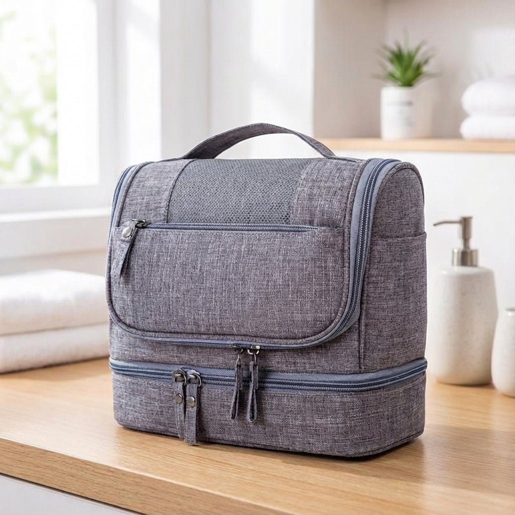 Double compartment hanging toiletry bag for travel, featuring a water-resistant design and multiple pockets, available in gray, red, blue, black, and purple 1