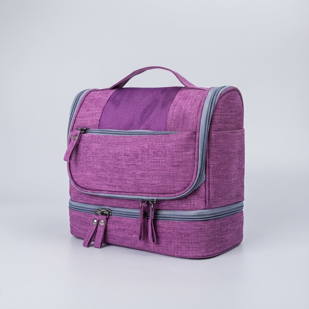 Double compartment hanging toiletry bag for travel, featuring a water-resistant design and multiple pockets, available in gray, red, blue, black, and purple 8