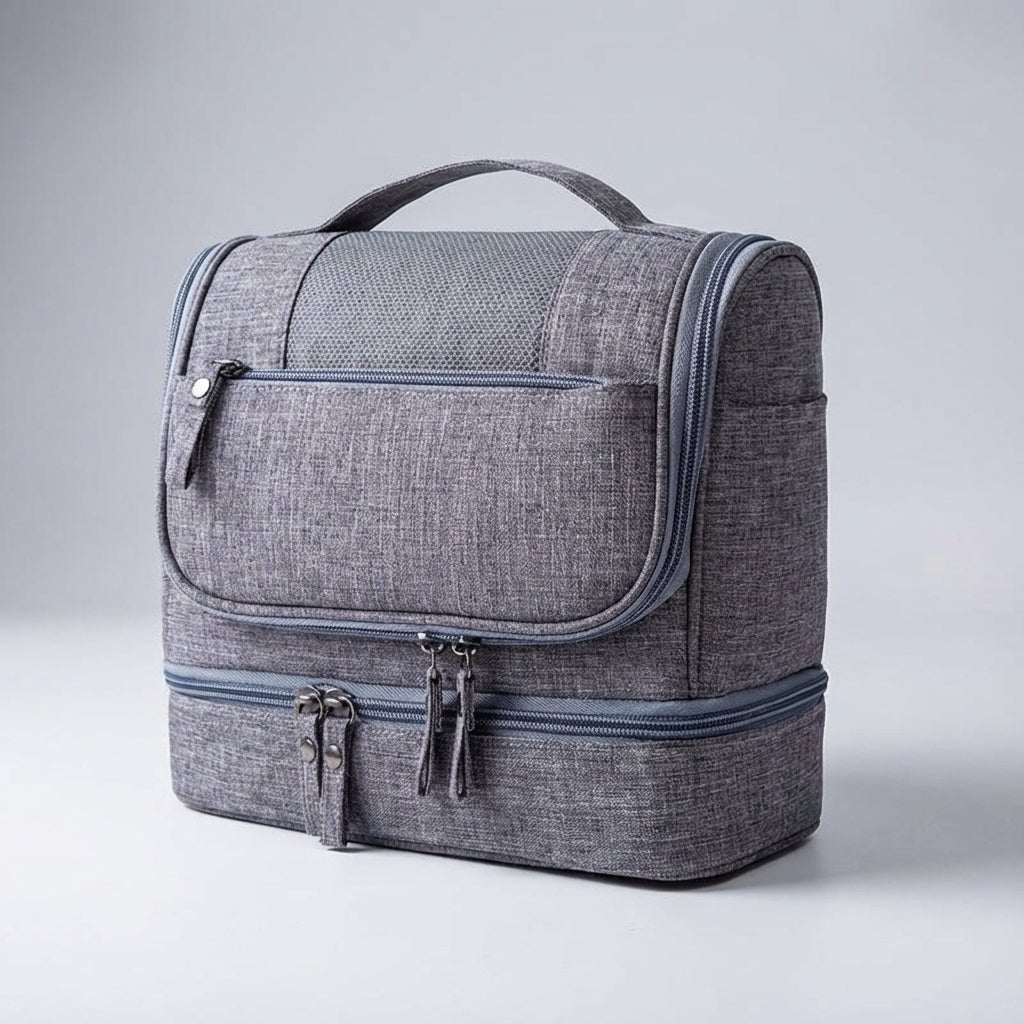 Double compartment hanging toiletry bag for travel, featuring a water-resistant design and multiple pockets, available in gray, red, blue, black, and purple 2
