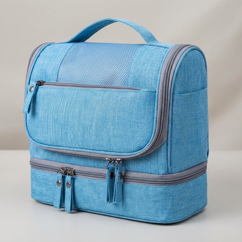 Double compartment hanging toiletry bag for travel, featuring a water-resistant design and multiple pockets, available in gray, red, blue, black, and purple 5