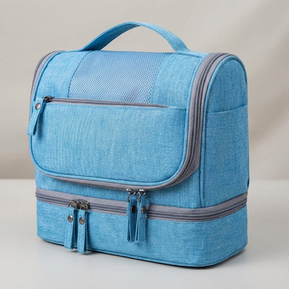 Double compartment hanging toiletry bag for travel, featuring a water-resistant design and multiple pockets, available in gray, red, blue, black, and purple 5