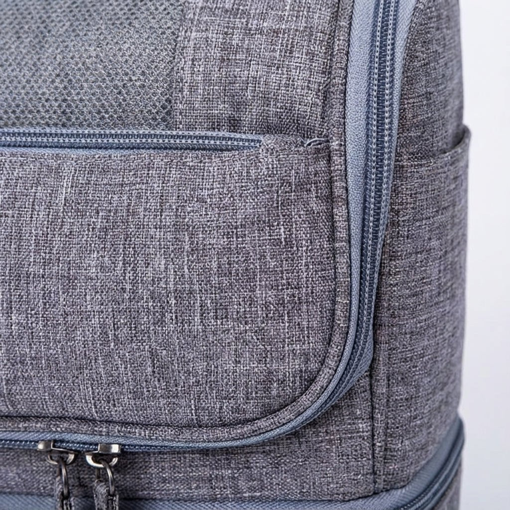 Double compartment hanging toiletry bag for travel, featuring a water-resistant design and multiple pockets, available in gray, red, blue, black, and purple 3