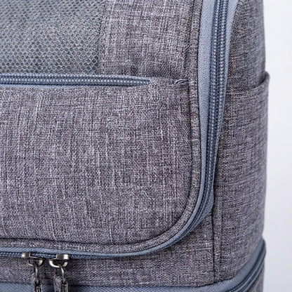 Double compartment hanging toiletry bag for travel, featuring a water-resistant design and multiple pockets, available in gray, red, blue, black, and purple 3