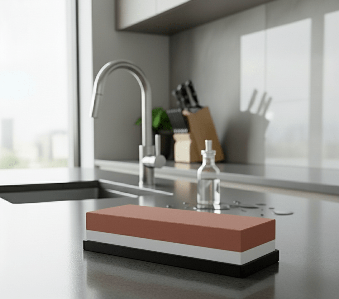 Double-sided sharpening stone with 2000/5000 grit for honing kitchen knives, featuring a non-slip base for stability during use. 4