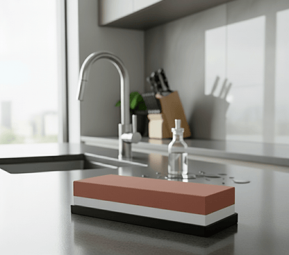 Double-sided sharpening stone with 2000/5000 grit for honing kitchen knives, featuring a non-slip base for stability during use. 4
