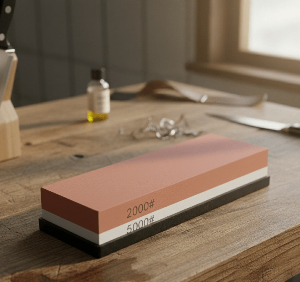 Double-sided sharpening stone with 2000/5000 grit for honing kitchen knives, featuring a non-slip base for stability during use. 2