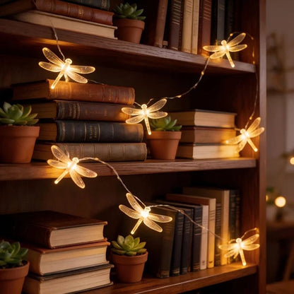 Dragonfly LED string lights with warm white illumination, 150 cm battery-operated decorative lighting for indoor and outdoor use. 1