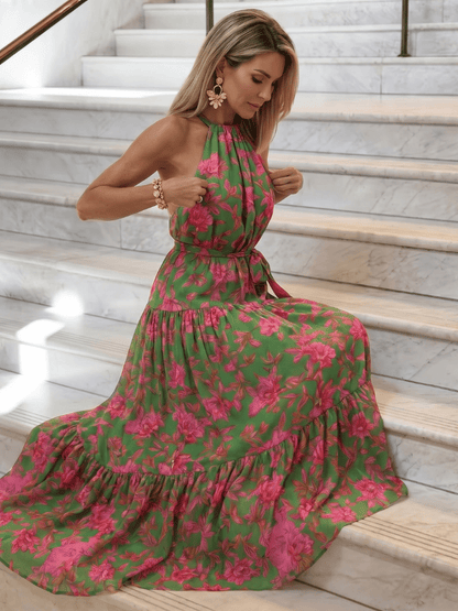 Elegant white draped halter midi dress featuring a tiered skirt, designed for women in lightweight fabric, perfect for spring and summer occasions. 4
