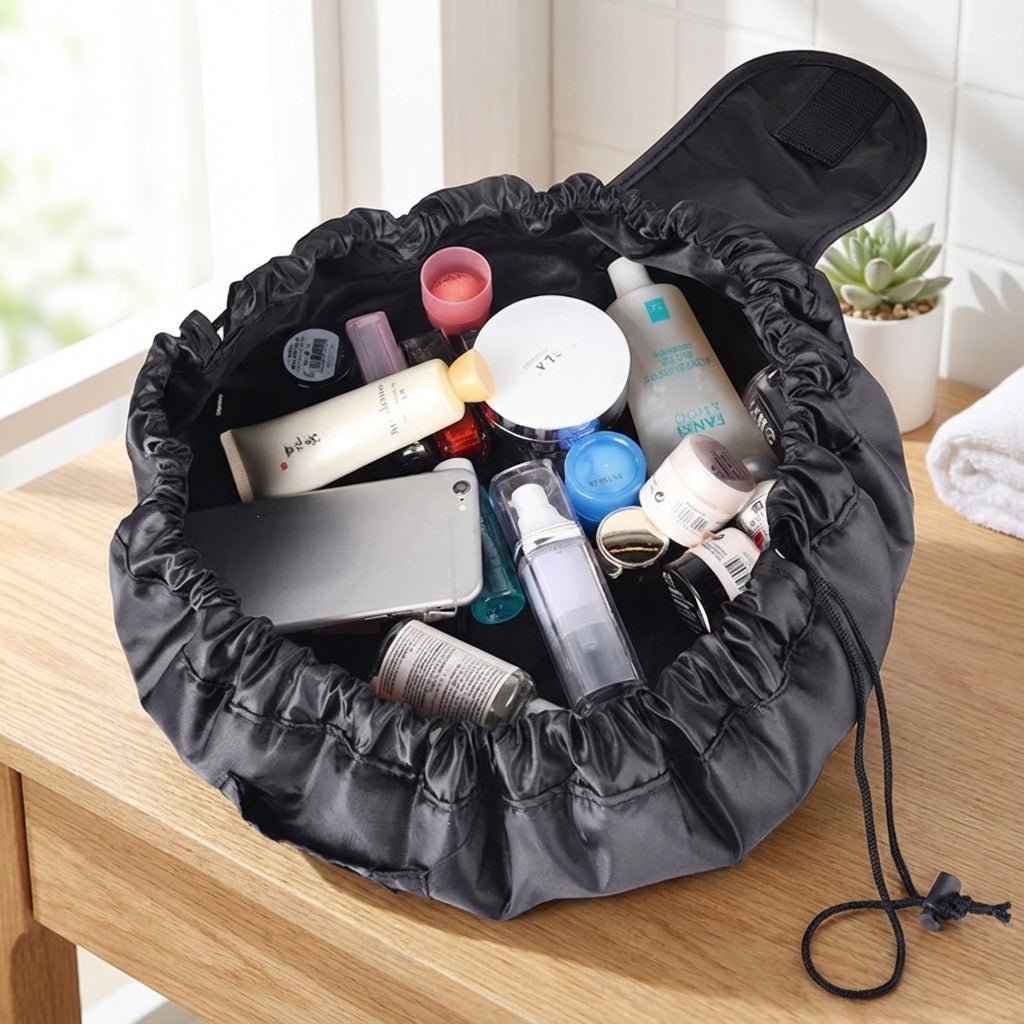 Drawstring Cosmetics Organizer in black featuring a spacious design and quick access compartments for easy storage and organization of beauty products. 0