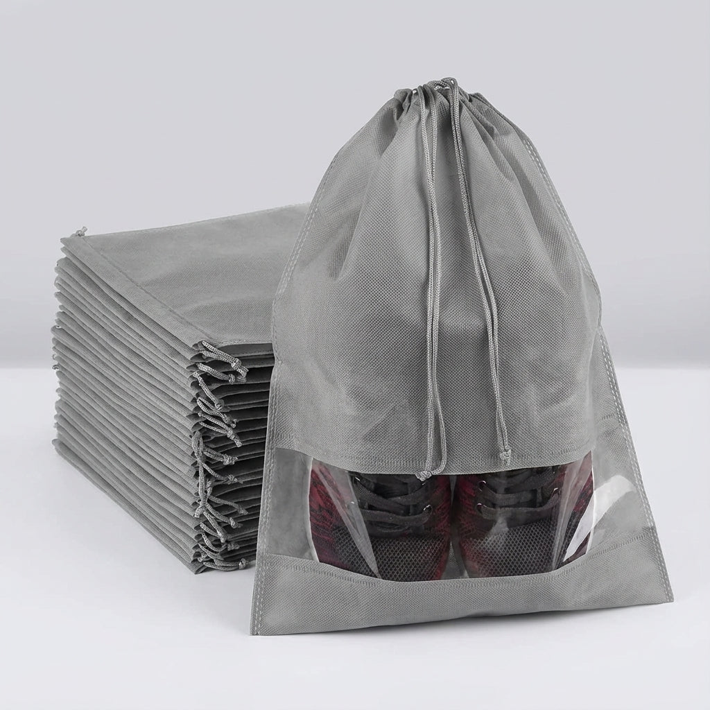 Drawstring shoe storage bag set of 5 with transparent panel, waterproof and dust-resistant travel organizer for shoes. 6