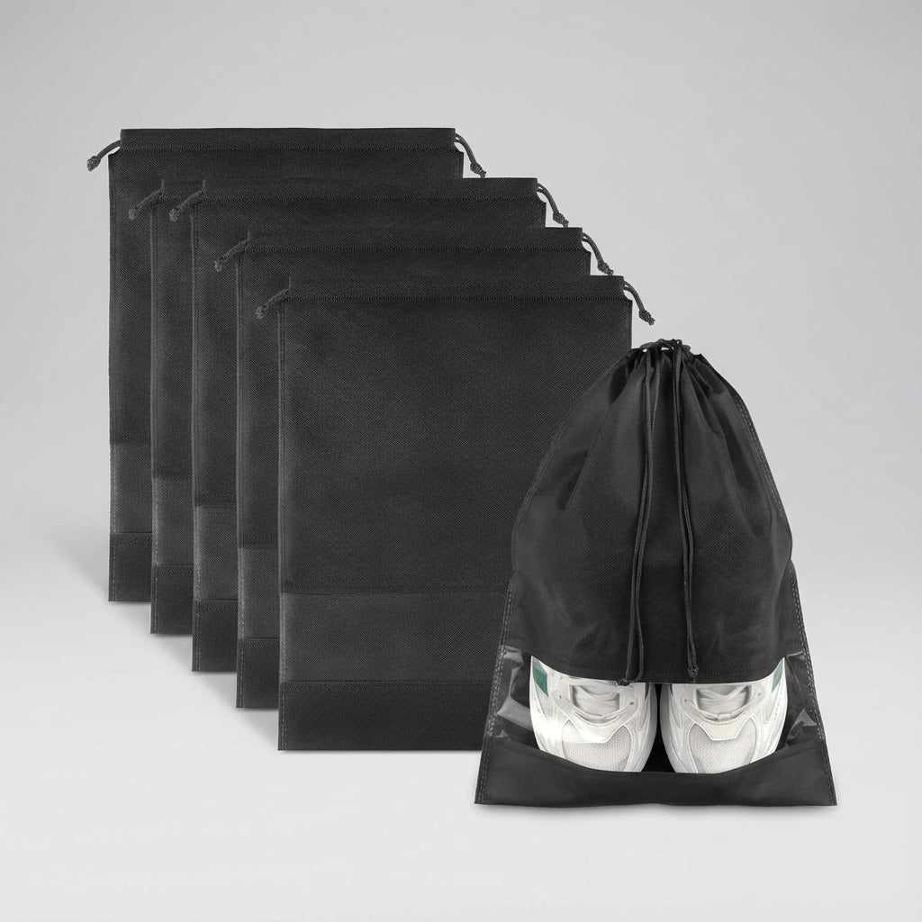 Drawstring shoe storage bag set of 5 with transparent panel, waterproof and dust-resistant travel organizer for shoes. 0