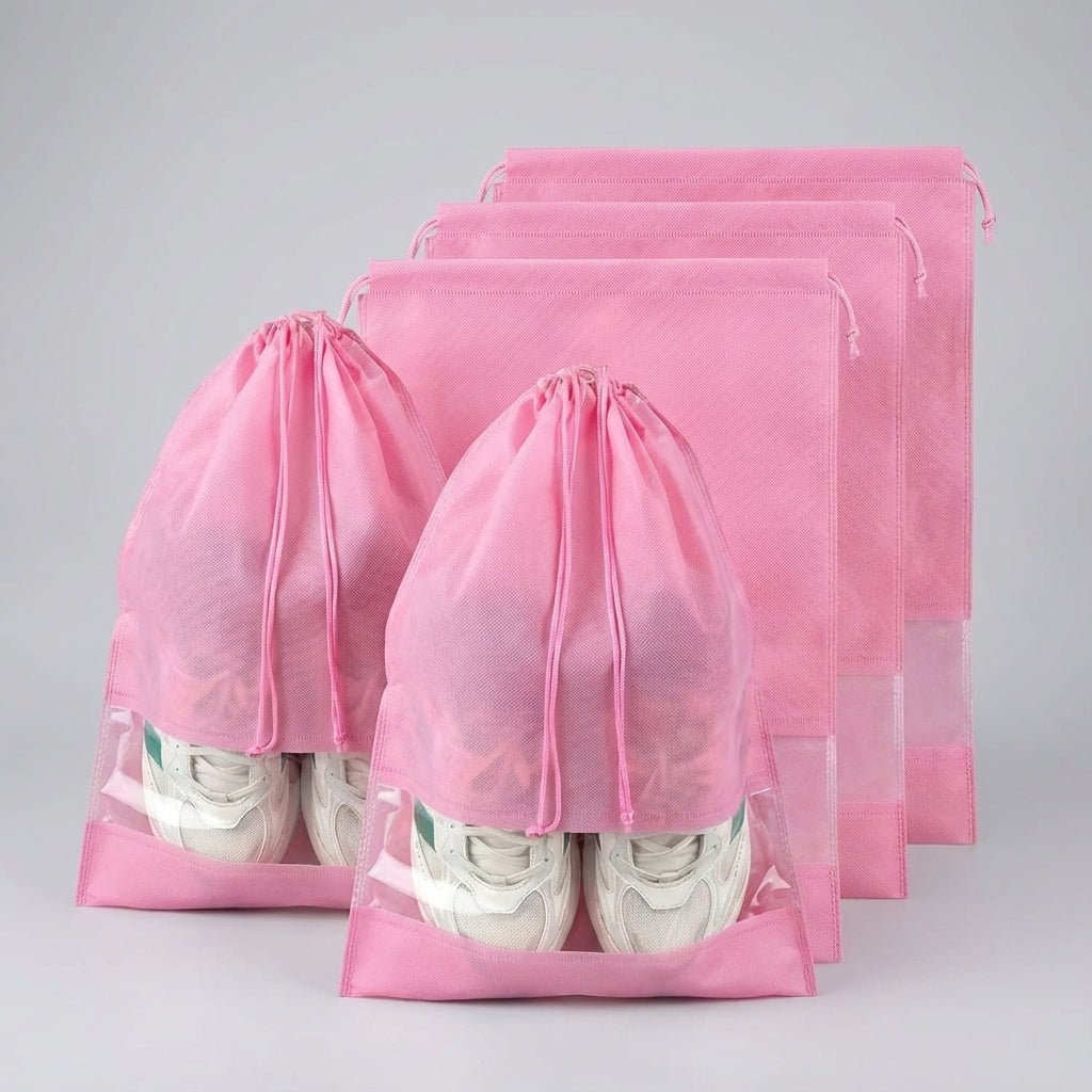 Drawstring shoe storage bag set of 5 with transparent panel, waterproof and dust-resistant travel organizer for shoes. 2