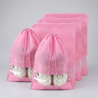 Drawstring shoe storage bag set of 5 with transparent panel, waterproof and dust-resistant travel organizer for shoes. 2