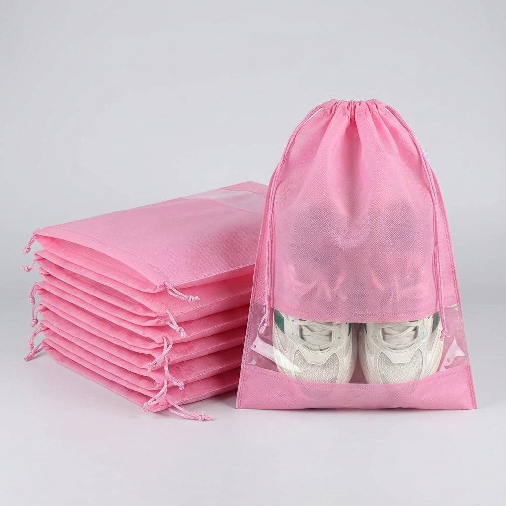 Drawstring shoe storage bag set of 5 with transparent panel, waterproof and dust-resistant travel organizer for shoes. 7