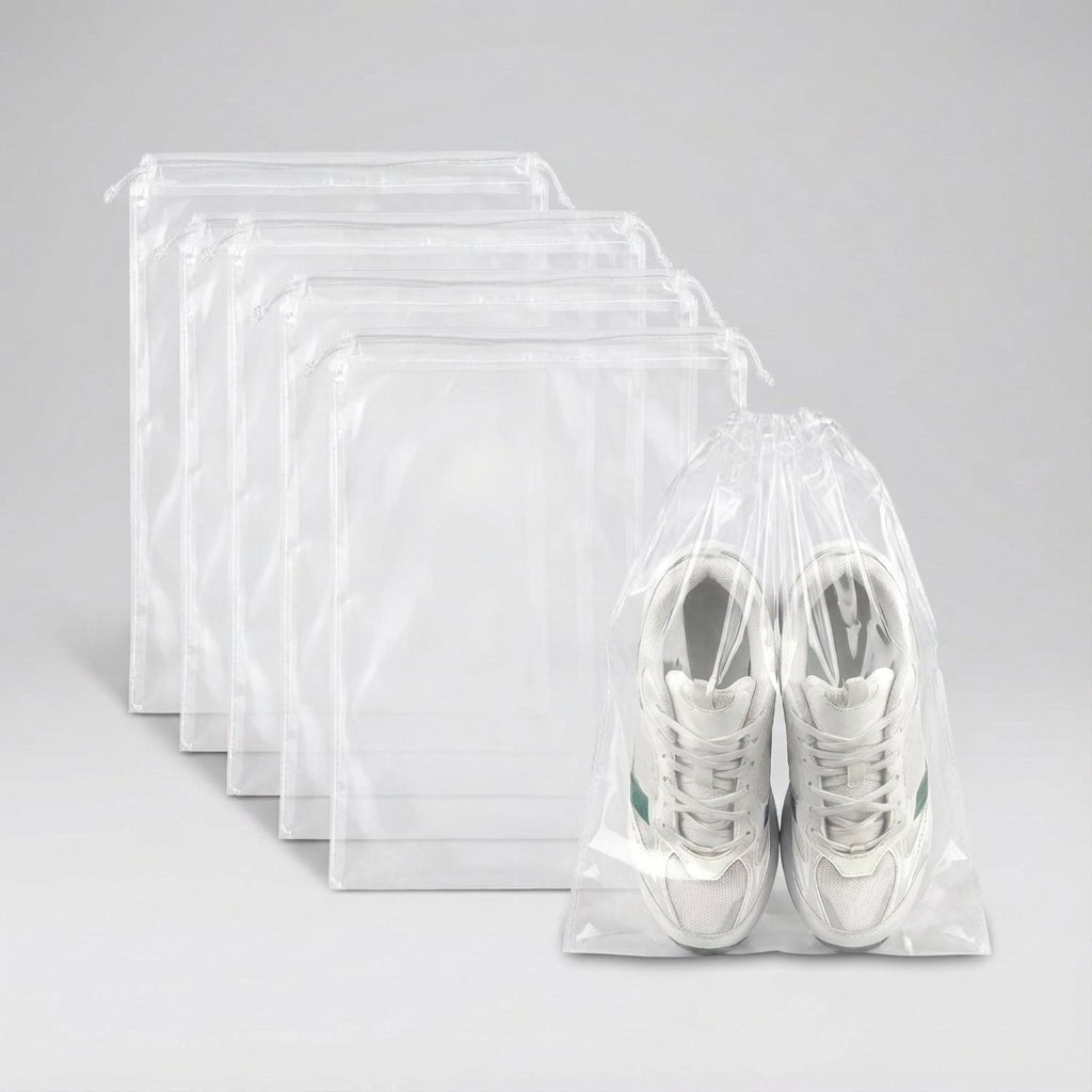 Drawstring shoe storage bag set of 5 with transparent panel, waterproof and dust-resistant travel organizer for shoes. 5