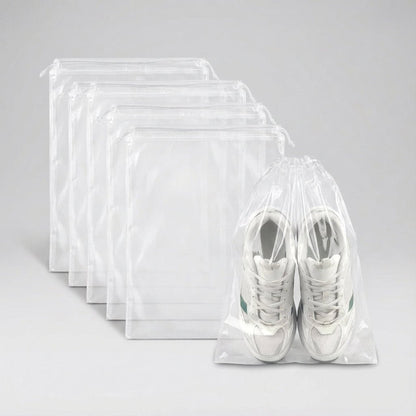 Drawstring shoe storage bag set of 5 with transparent panel, waterproof and dust-resistant travel organizer for shoes. 5