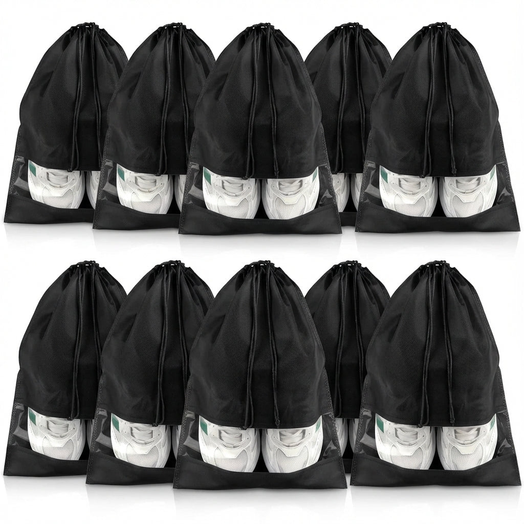 Drawstring shoe storage bag set of 5 with transparent panel, waterproof and dust-resistant travel organizer for shoes. 4