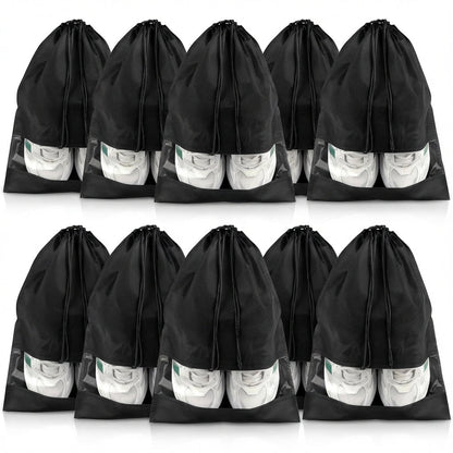 Drawstring shoe storage bag set of 5 with transparent panel, waterproof and dust-resistant travel organizer for shoes. 4